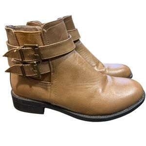 Stylish Tan Ankle Boots with Double Buckle, side zip, size 8
